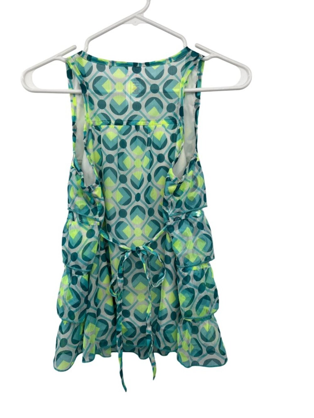 Justice Girls 16 Sleeveless Tiered Blouse Blue Lime Shimmer Ruffle Top Used - Picture 2 of 16